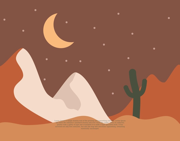 Vector ilustración de un paisaje minimalista con una vista horizontal de una luna de montaña y cactus adecuados para arte de pared, etc. dibujo digital de estilo de diseño plano