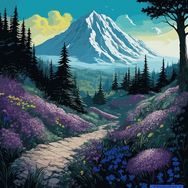 Ilustración de un paisaje de montaña con flores silvestres y setas al fondo