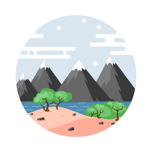 Vector ilustración de paisaje de montaña paisaje con montañas y paisaje marítimo con una camiseta de lago