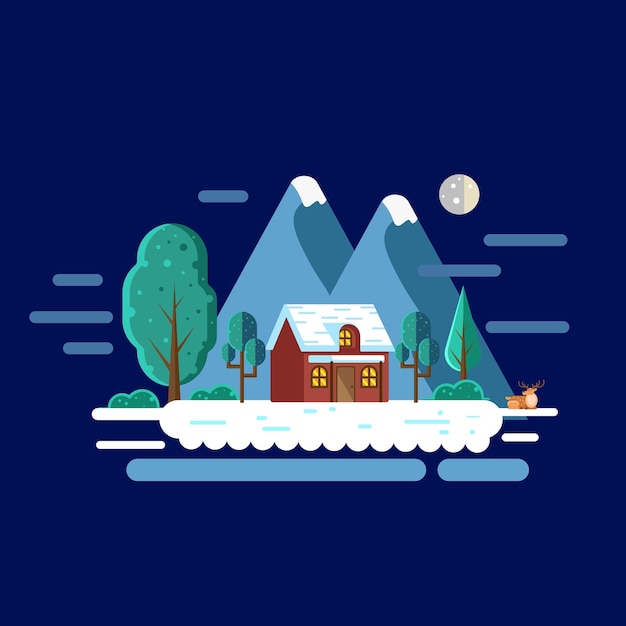 ilustración del paisaje natural de invierno con una casa pequeña en diseño plano