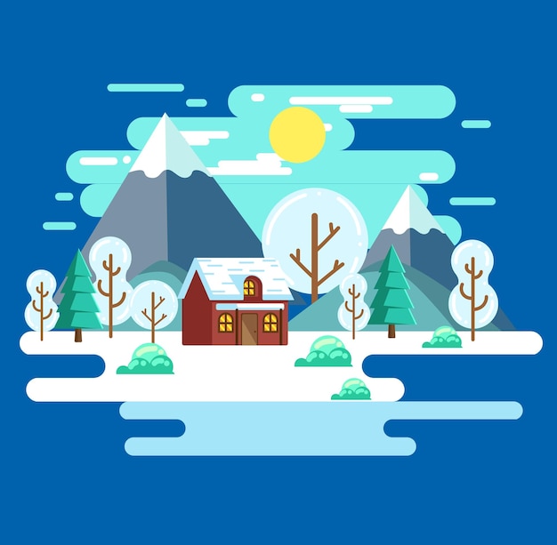 ilustración del paisaje natural de invierno con una casa pequeña en diseño plano