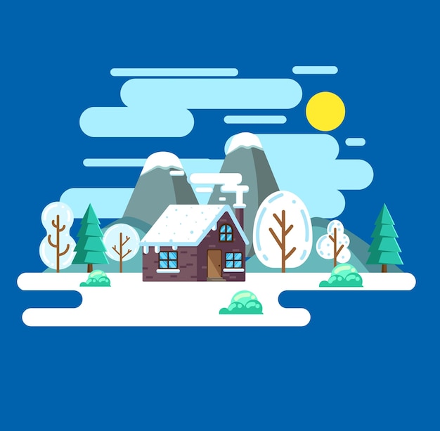 ilustración del paisaje natural de invierno con una casa pequeña en diseño plano