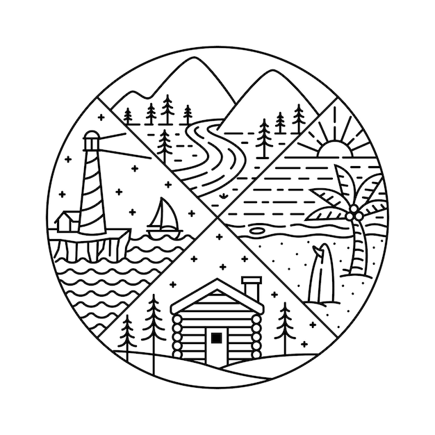 Ilustración de un paisaje natural en un marco circular