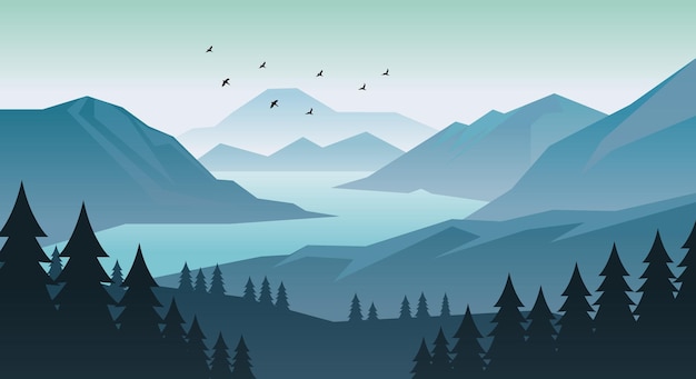 Ilustración del paisaje natural de silueta con pinos, colinas, montañas, río, cielo y pájaros