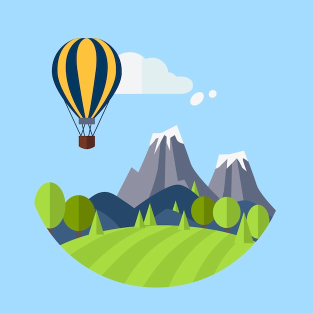 Ilustración de paisaje de naturaleza de diseño plano con sol, colinas, montañas y nubes