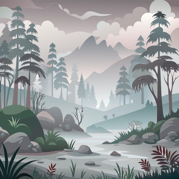 Ilustración de un paisaje de niebla