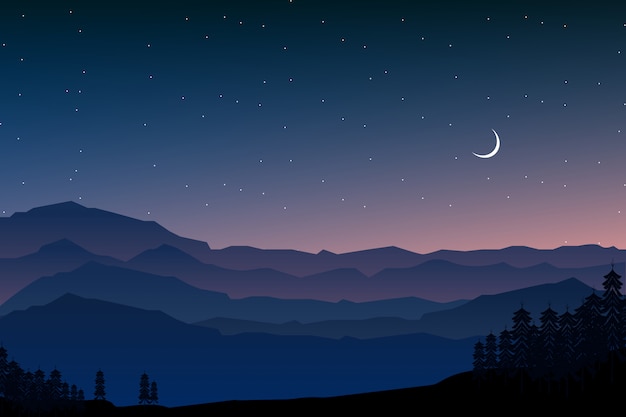 Ilustración de paisaje nocturno de bosque y montaña