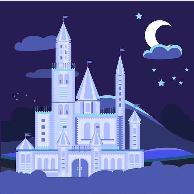 Ilustración de paisaje nocturno con castillo plano