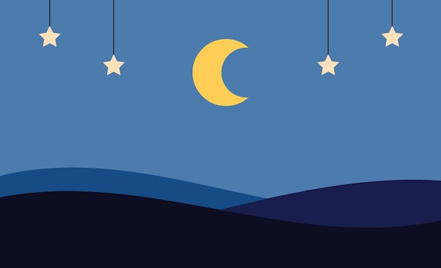 Ilustración de paisaje nocturno con luna y estrellas