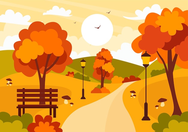 Ilustración del paisaje de otoño con montañas, campos y hojas de otoño en el panorama natural de la estación