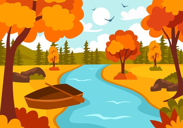 Vector ilustración del paisaje de otoño con montañas, campos y hojas de otoño en el panorama natural de la estación