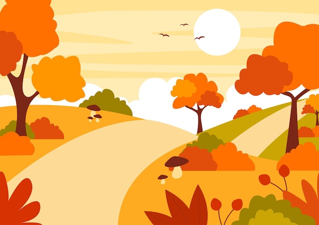 Ilustración del paisaje de otoño con montañas, campos y hojas de otoño en el panorama natural de la estación