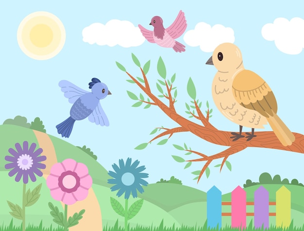Ilustración de paisaje con pájaros en una rama que vuelan vector lindo