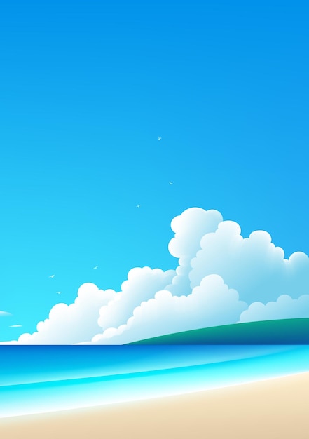 Ilustración de paisaje de placa vertical de estilo simple playa y cielo azul con nubes blancas