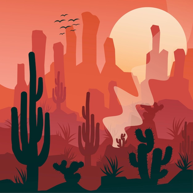 Ilustración del paisaje plano del desierto al atardecer