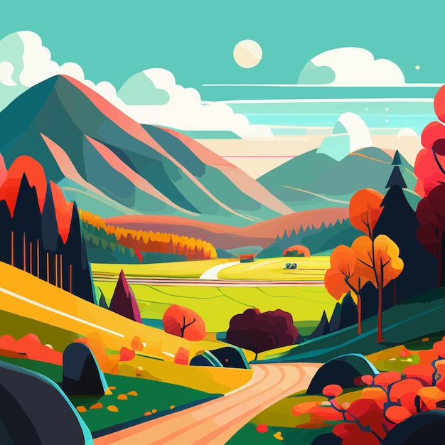 Ilustración de paisaje plano de naturaleza en estilo de dibujos animados funky, paisaje de naturaleza de estilo funky colorido