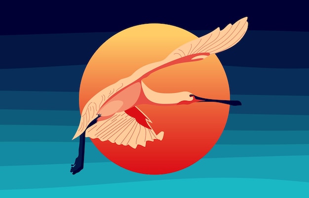 Vector ilustración de paisaje plano con un pájaro espátula