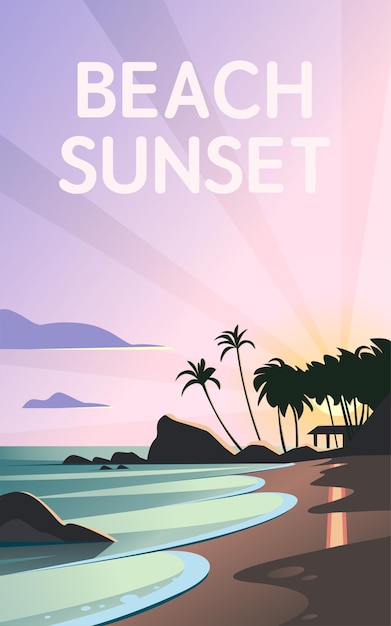 Ilustración de paisaje plano vectorial de la puesta de sol de verano de naturaleza salvaje en la vista de la playa con cielo, costa del mar, océano, palmeras. para carteles de viaje, tarjetas, publicidad vacacional y turística, folletos, flayer.