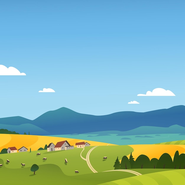 Ilustración de paisaje plano vectorial de la vista de la naturaleza del campo de verano: cielo, montañas, acogedoras casas de pueblo, vacas, campos y prados. para embalaje de productos agrícolas, diseño de pegatinas, banner, flayer, etc.