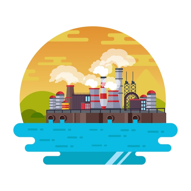 La ilustración del paisaje de la planta de fabricación está diseñada en estilo plano