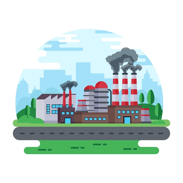 La ilustración del paisaje de la planta de fabricación está diseñada en estilo plano