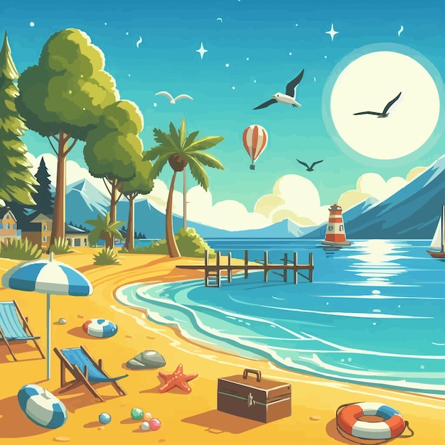 Ilustración del paisaje de la playa durante el paisaje diurno