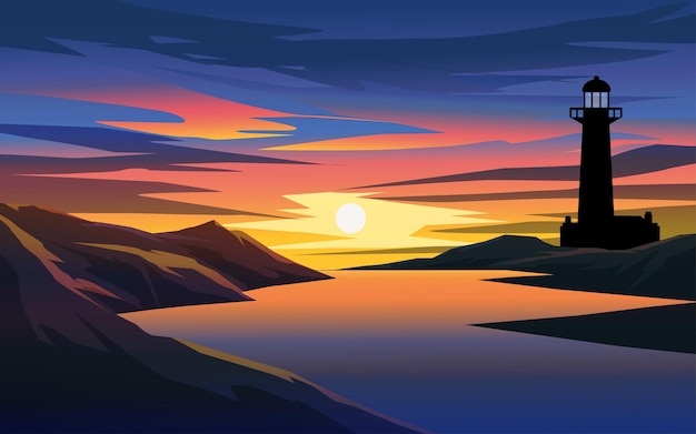 Ilustración de paisaje de puesta de sol de diseño plano con faro