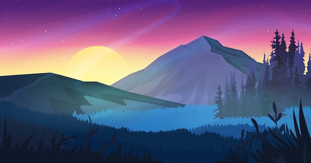 Ilustración de paisaje de puesta de sol de valle de montaña