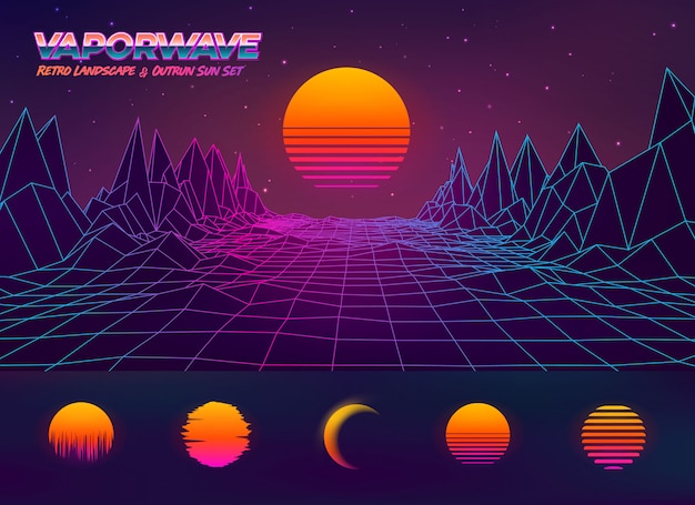 Ilustración de paisaje retro futurista y puesta de sol superada