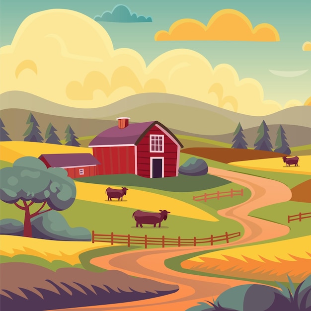 Ilustración de paisaje rural para el fondo Granja y graneros vacas pastando por los campos Ilustración vectorial Estilo de dibujos animados