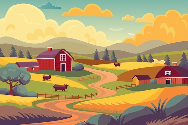 Ilustración de paisaje rural para fondo Granja y graneros vacas pastando por los campos