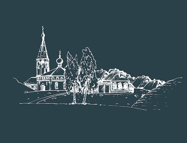 Ilustración de paisaje rural vectorial Campo ruso dibujado a mano o tierras de cultivo Bosquejo de pueblo con abedules de iglesia y casas de campesinos
