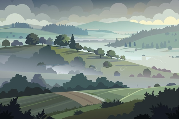 Vector ilustración de un paisaje sereno con colinas suavemente onduladas un mosaico de campos bosques y un río lejano bajo un cielo nublado al amanecer o al anochecer