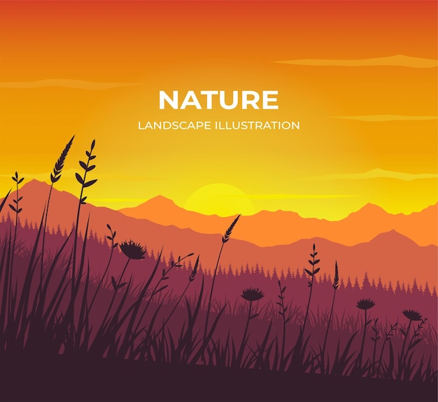 Ilustración del paisaje de la silueta de la hierba del atardecer de verano