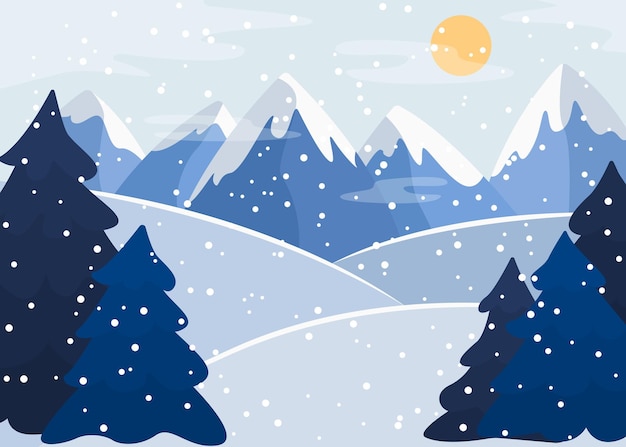 Vector ilustración de paisaje soleado de invierno montañas nevadas y árboles de navidad fondo estacional.