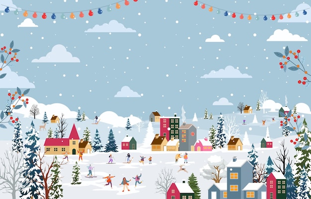 Ilustración del paisaje de la temporada de invierno con nieve con personas divirtiéndose haciendo actividades al aire libre