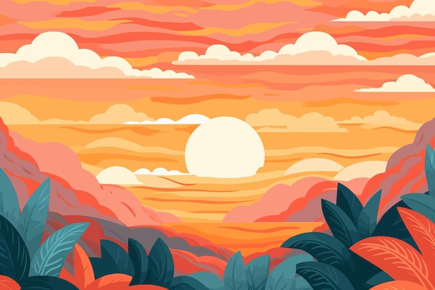 Vector ilustración de paisaje tropical al atardecer