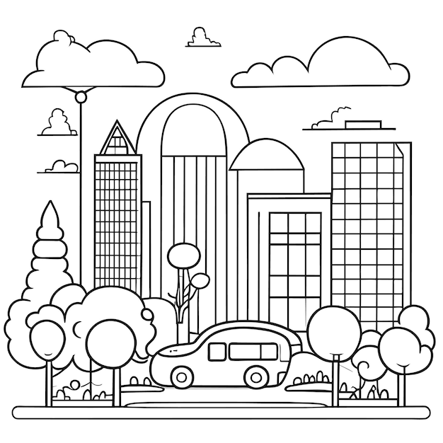 ilustración de un paisaje urbano con grandes edificios modernos y coches