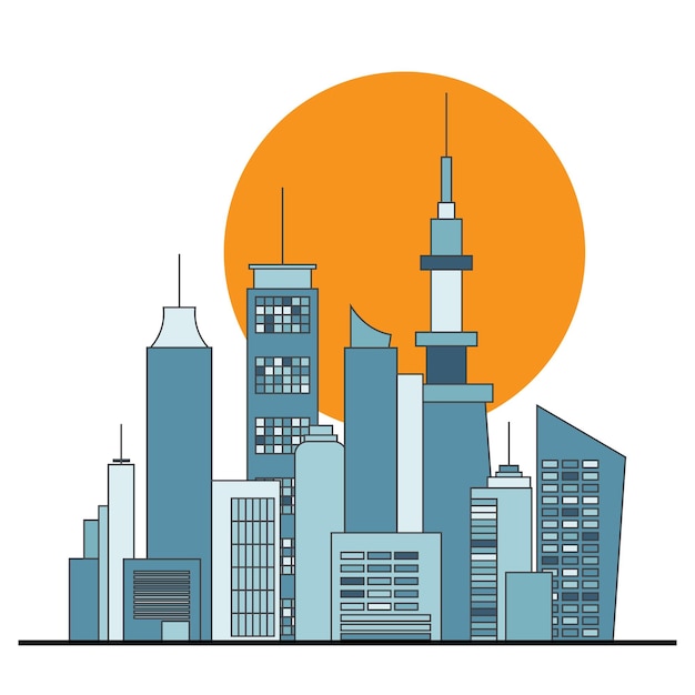 Ilustración del paisaje urbano moderno con rascacielos en diseño plano