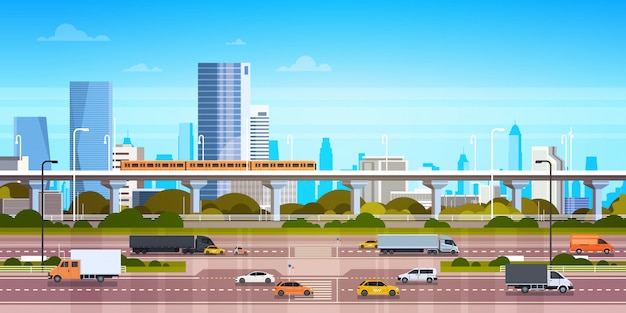 Ilustración de paisaje urbano panorama de la ciudad moderna con carretera y metro en rascacielos