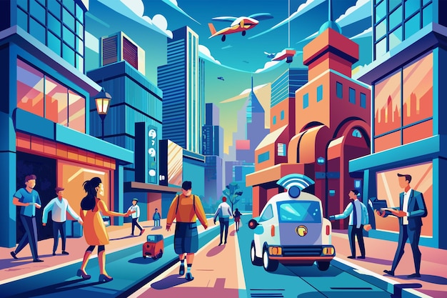 Ilustración de un paisaje urbano vibrante con elementos futuristas con personas caminando un coche autónomo y un vehículo volador por encima de todos los conjuntos contra edificios modernos y un cielo azul claro