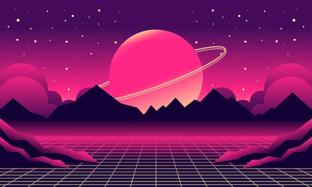 Ilustración de paisaje Vaporwave Horizonte retro con rejilla de luz de neón Sol y concepto de ciencia ficción de montaña