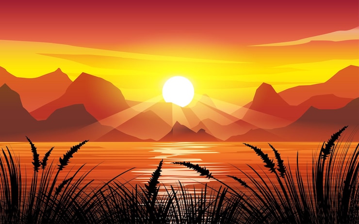 Vector ilustración de paisaje de vector de hierba de amanecer