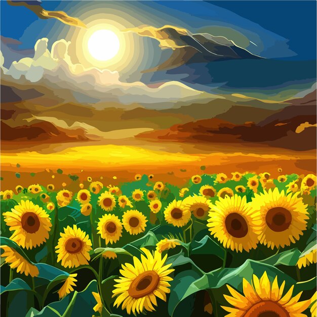 Vector ilustración de paisaje de verano con girasoles, campos amarillos y cielo azul, hermosa naturaleza de verano