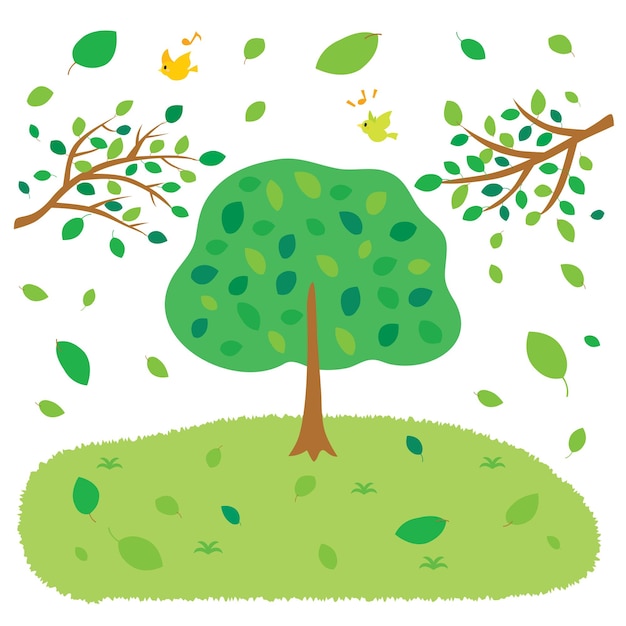 Vector ilustración de paisaje verde de los árboles y los pájaros pequeños.