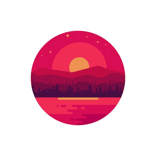 Ilustración de paisaje vista de la puesta de sol entre las montañas desde la orilla de un lago