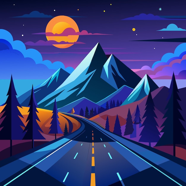Ilustración de paisajes nocturnos con vistas a carreteras y montañas