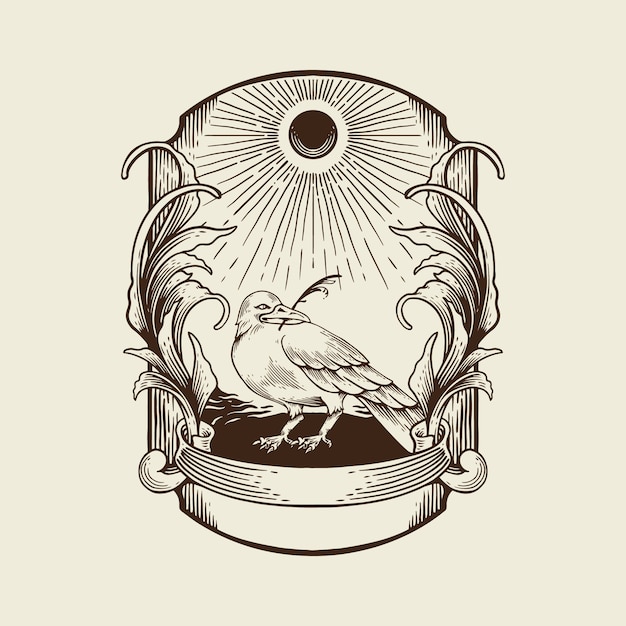 Ilustración pájaro y adorno de marco vintage