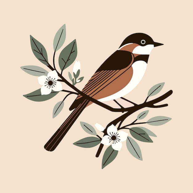 Vector ilustración de un pájaro posado en una rama floreciente