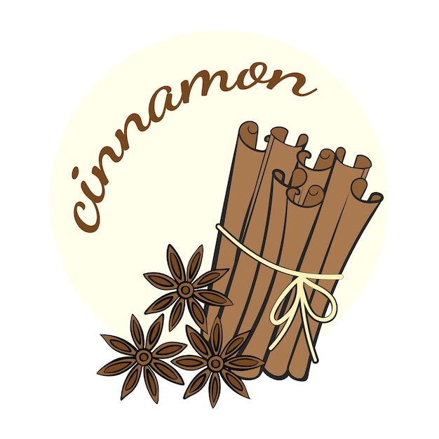 Vector ilustración de palitos de canela y anís estrellado con el texto cinnamon vector illustration